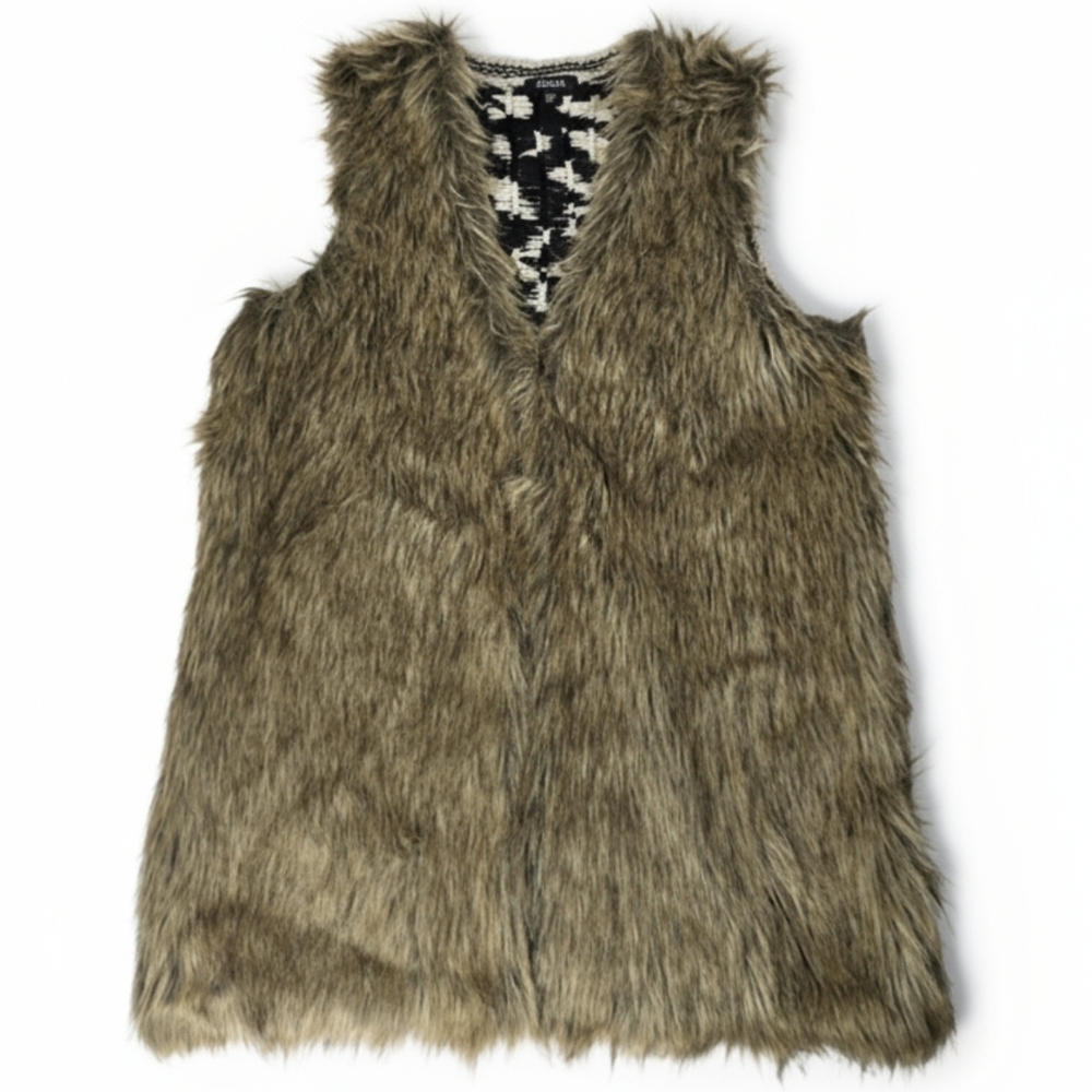 XOXO Vest Faux Fur Front Brown Leopard Sweater Knit Back Women's Medium Boho 70s